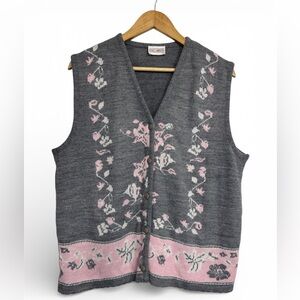Vintage Floral Knit Vest Grey and Blush Button Front